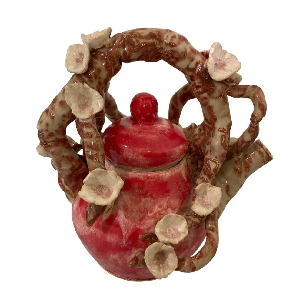 Signed Art Pottery Plum Or Cherry Blossom Arching Branch Teapot